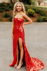 Red Prom Dress Strapless Mermaid Mirror Long Evening Dress with Slit